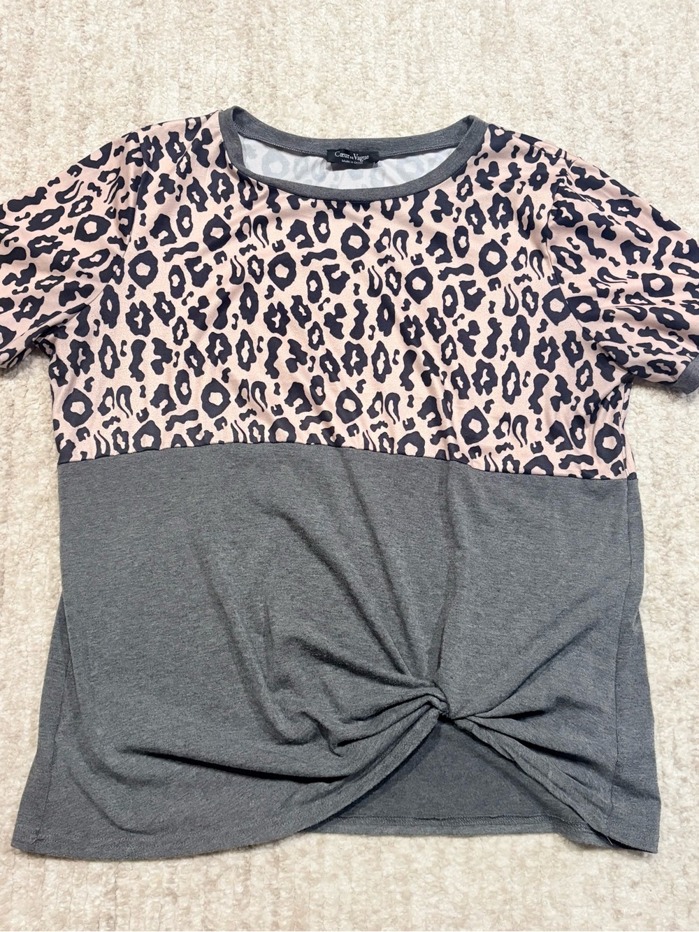Coeur de Vague women’s Leopard-Print & Gray Short-Sleeve Twist Front Top